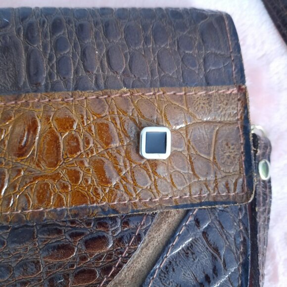 vintage Italian Leather Handbag Bag Brown Faux Croc Embossed Suede Top Handle - Picture 4 of 12